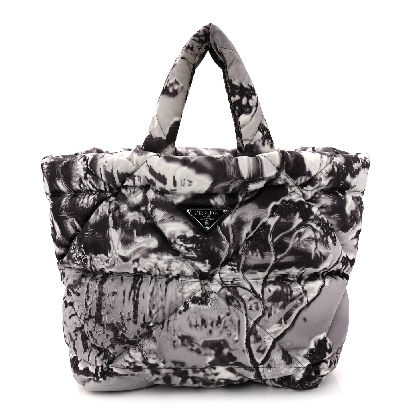 Re-Nylon Padded Printed Medium Tote Bag Black White