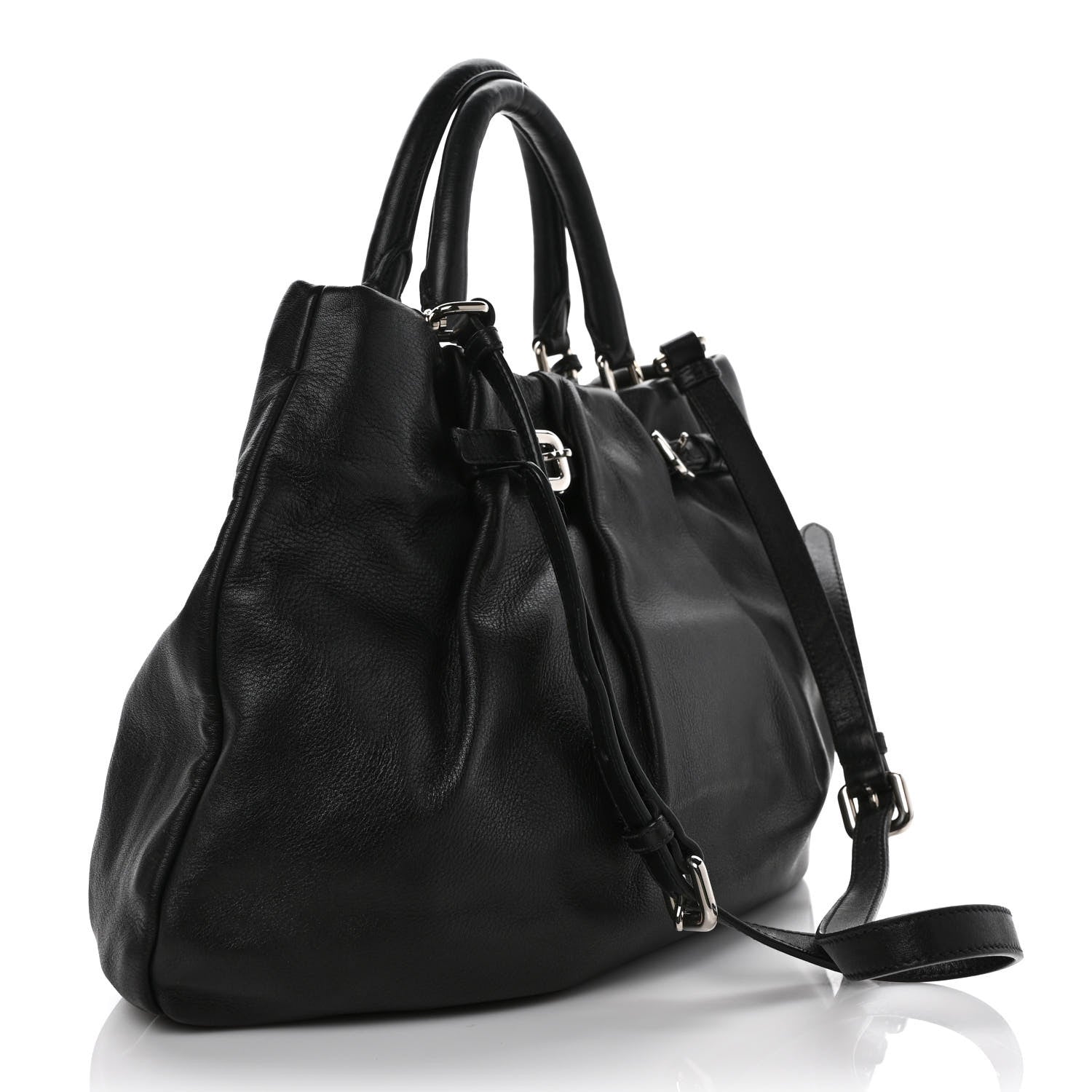 Prada Soft Calfskin Pleated Shoulder Bag Black 2 of 9