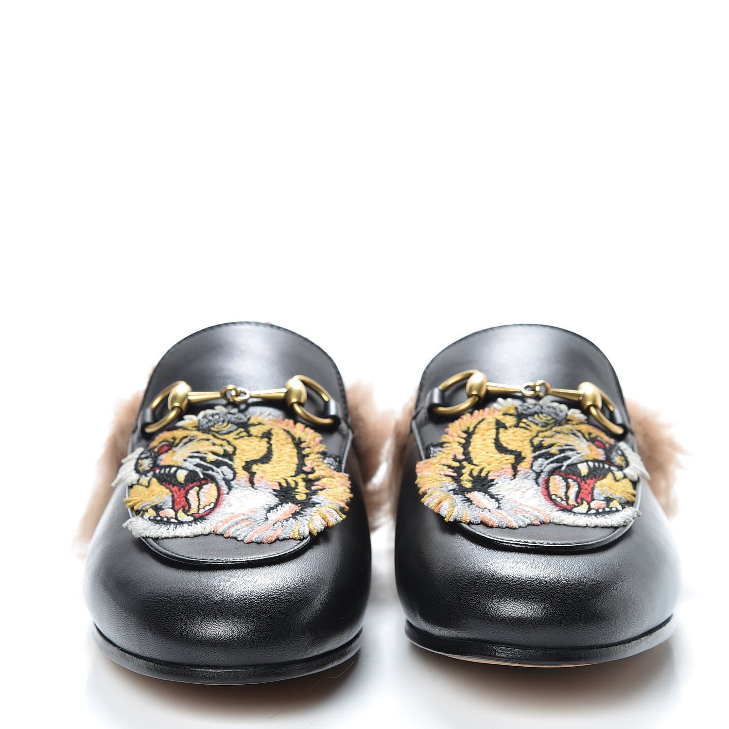 Gucci Calfskin Lambswool Tiger Embroidered Womens Princetown Slippers 36.5 Black 2 of 8