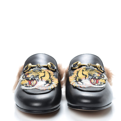 Gucci Calfskin Lambswool Tiger Embroidered Womens Princetown Slippers 36.5 Black 2 of 8