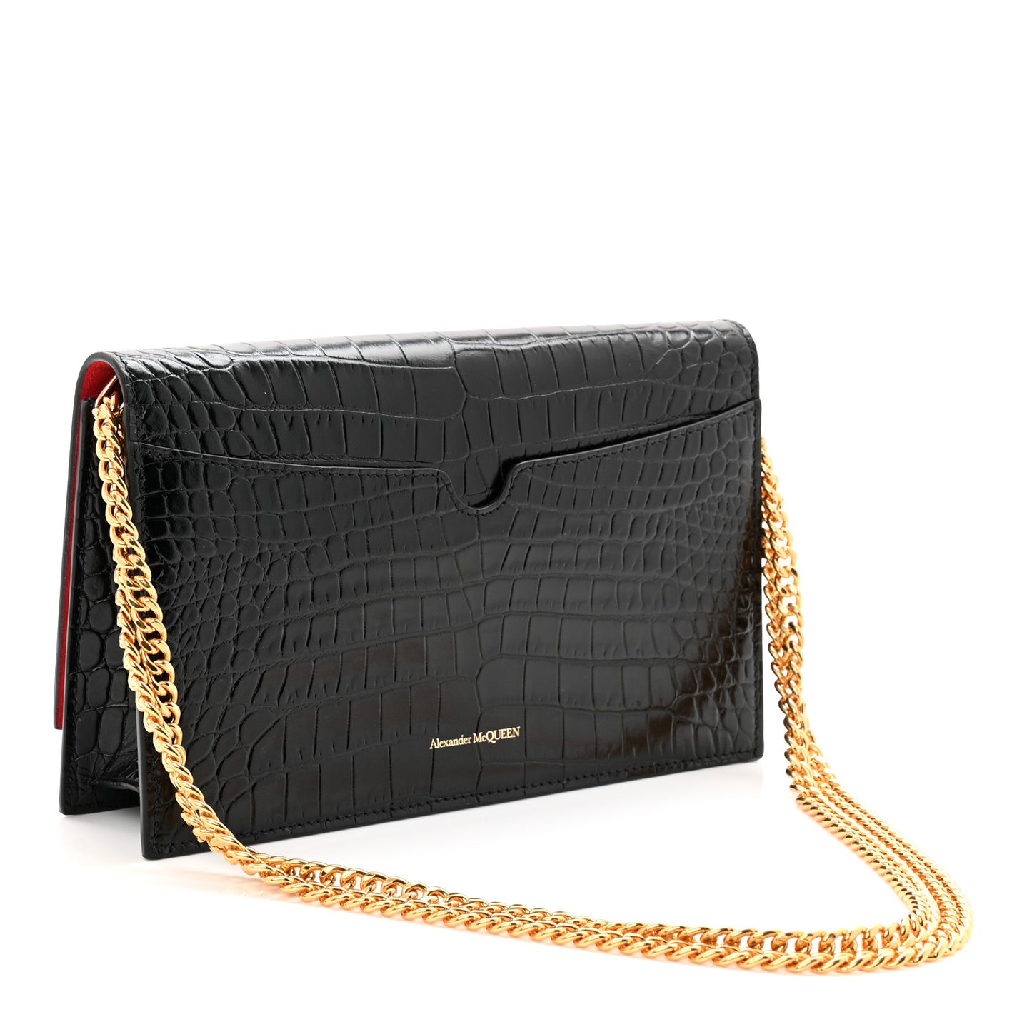 Calfskin Crocodile Embossed Skull Medium Shoulder Bag Black