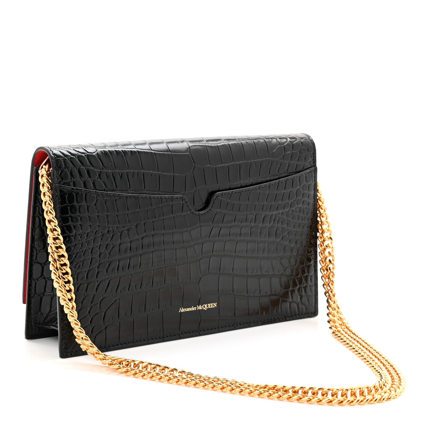 Alexander McQueen Calfskin Crocodile Embossed Skull Medium Shoulder Bag Black 3 of 10