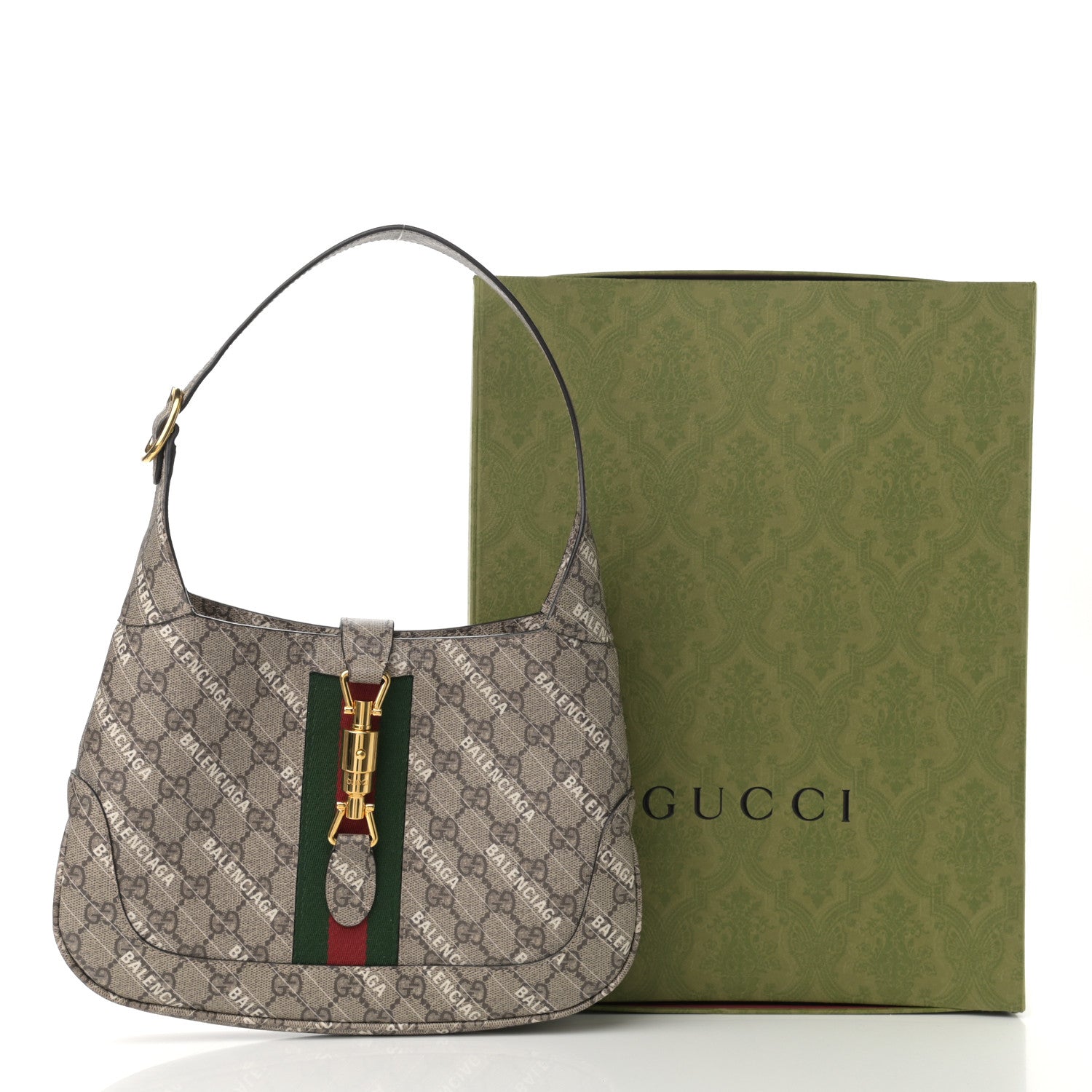 Gucci X BALENCIAGA GG Supreme Monogram Striped Logo Print Web Small Jackie 1961 Hobo Beige Ebony Mystic White 11 of 11