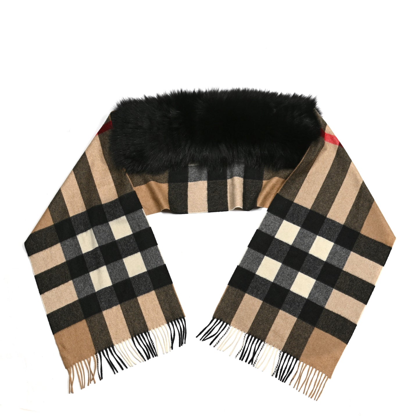 Fox Cashmere Half Mega Check Fringe Scarf Camel