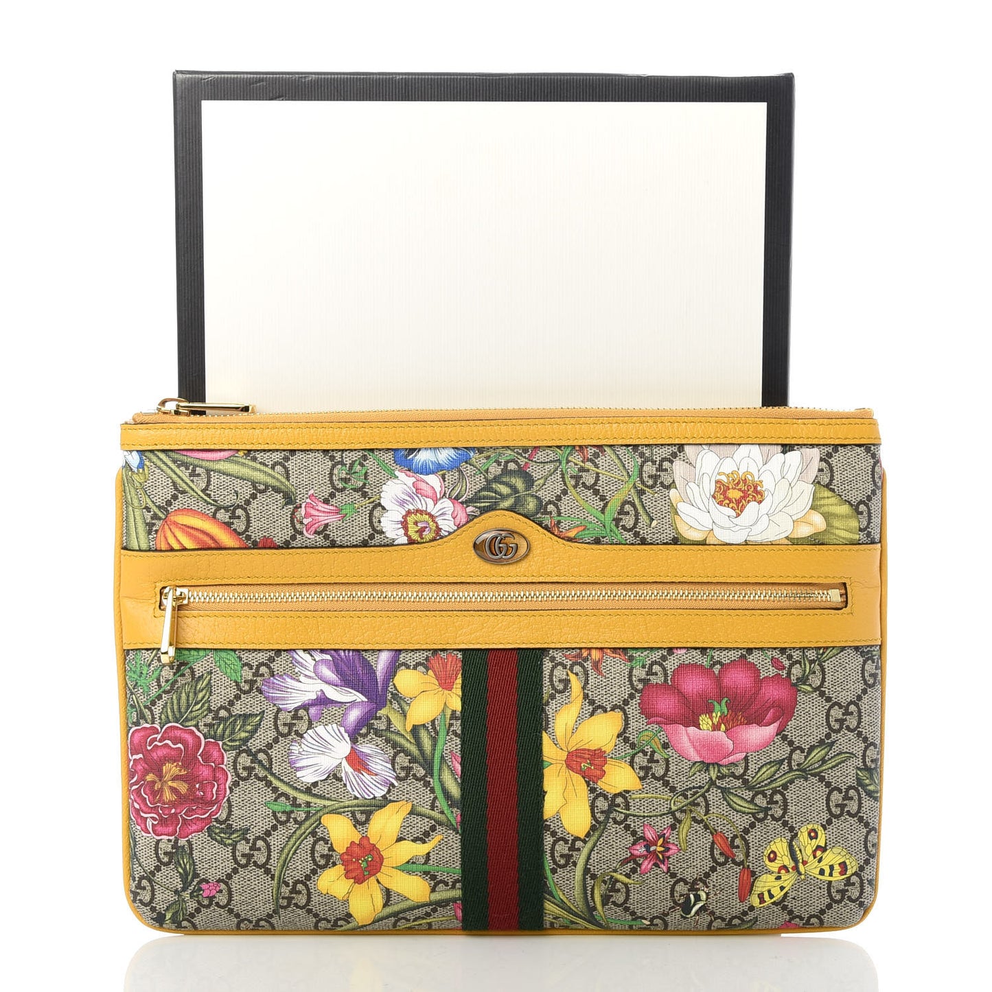 GG Supreme Monogram Flora Large Ophidia Pouch Clutch Beige Multicolor Crop