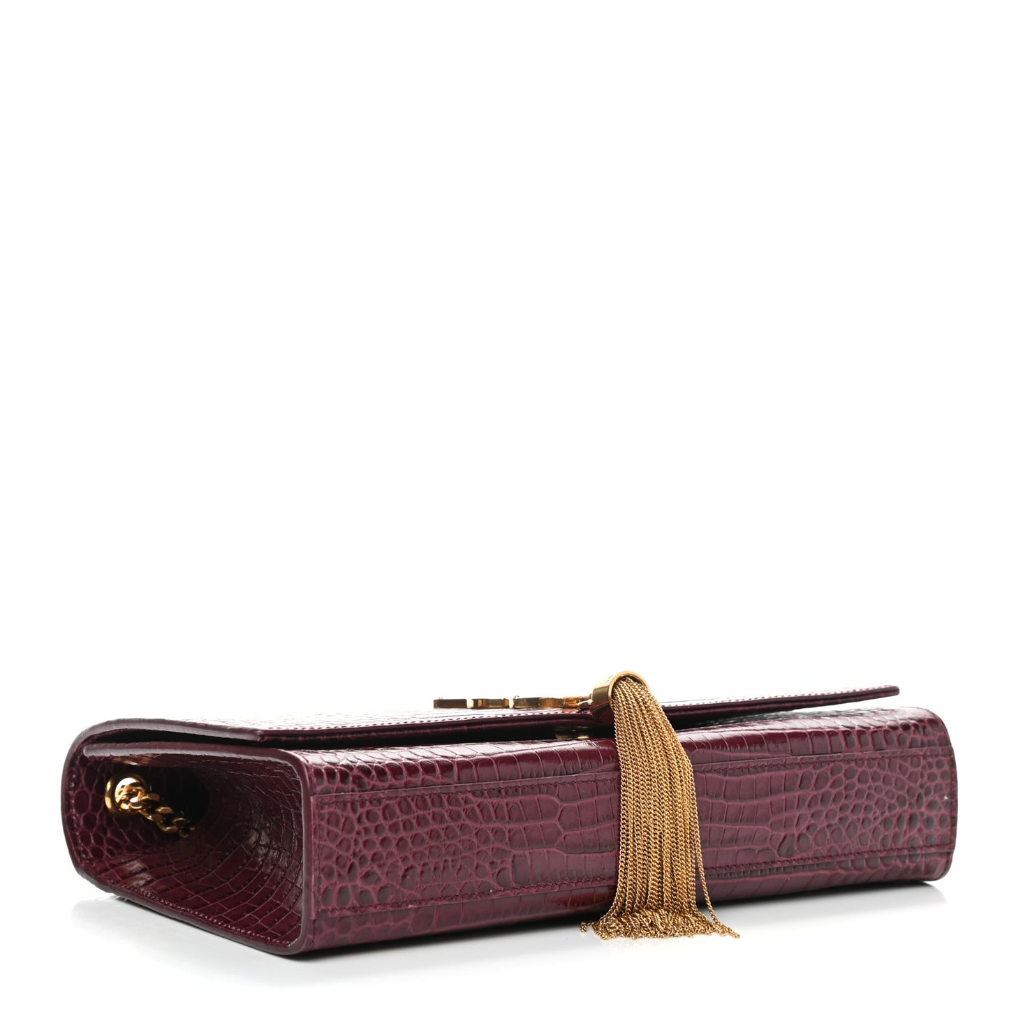 Calfskin Crocodile Embossed Medium Classic Monogram Kate Tassel Satchel Dark Red