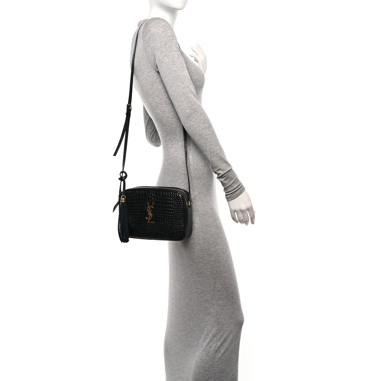 Patent Calfskin Crocodile Embossed Monogram Lou Camera Bag Black