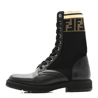 Fendi Calfskin Stretch Fabric Rockoko Biker Boots 36 Tobacco Black Marino 1 of 9