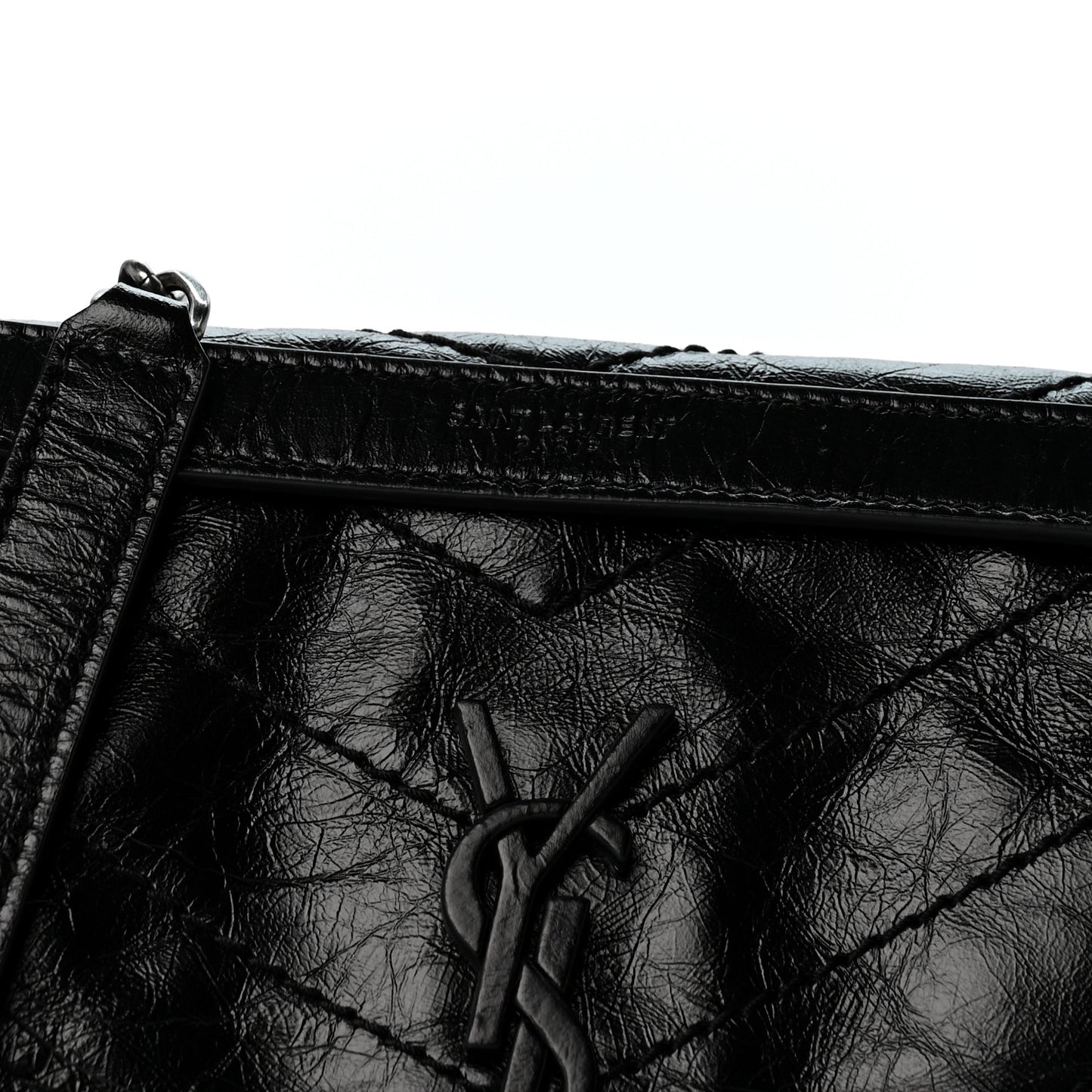 Crinkled Calfskin Matelasse Monogram Baby Niki Chain Satchel Black
