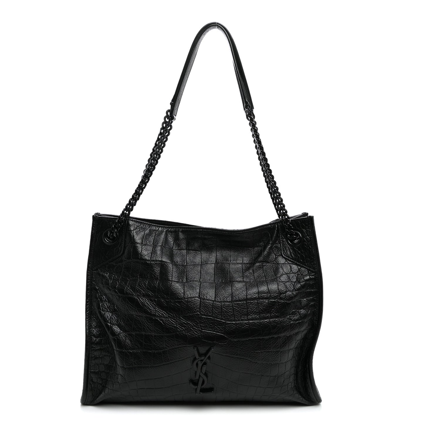 Calfskin Crocodile Embossed Monogram Medium Niki Shopping Bag Black