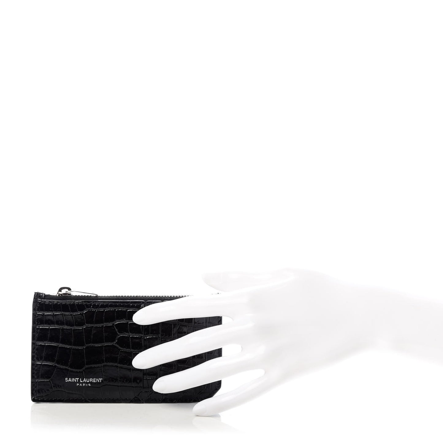 Calfskin Crocodile Embossed 5 Fragments Zip Pouch Card Holder Black