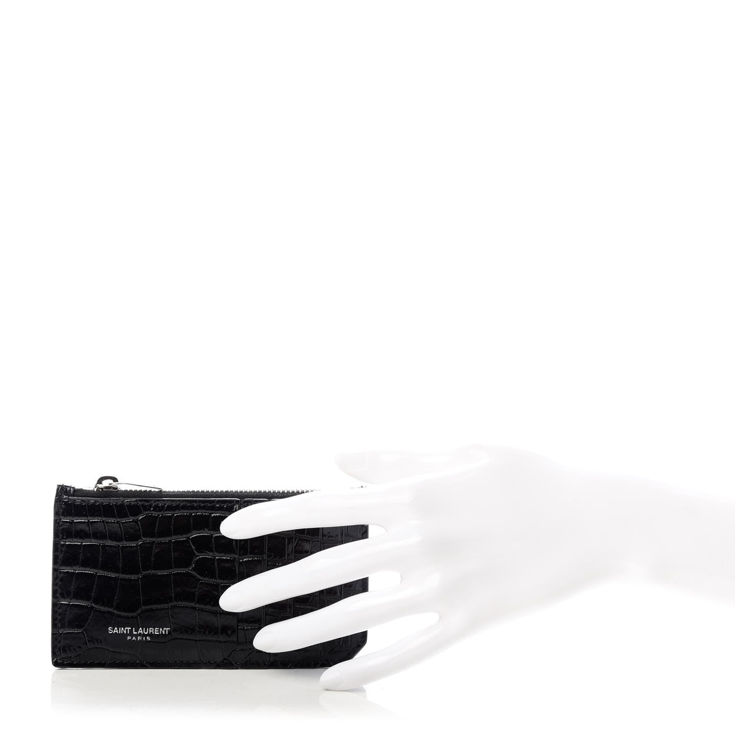 Saint Laurent Calfskin Crocodile Embossed 5 Fragments Zip Pouch Card Holder Black 2 of 8