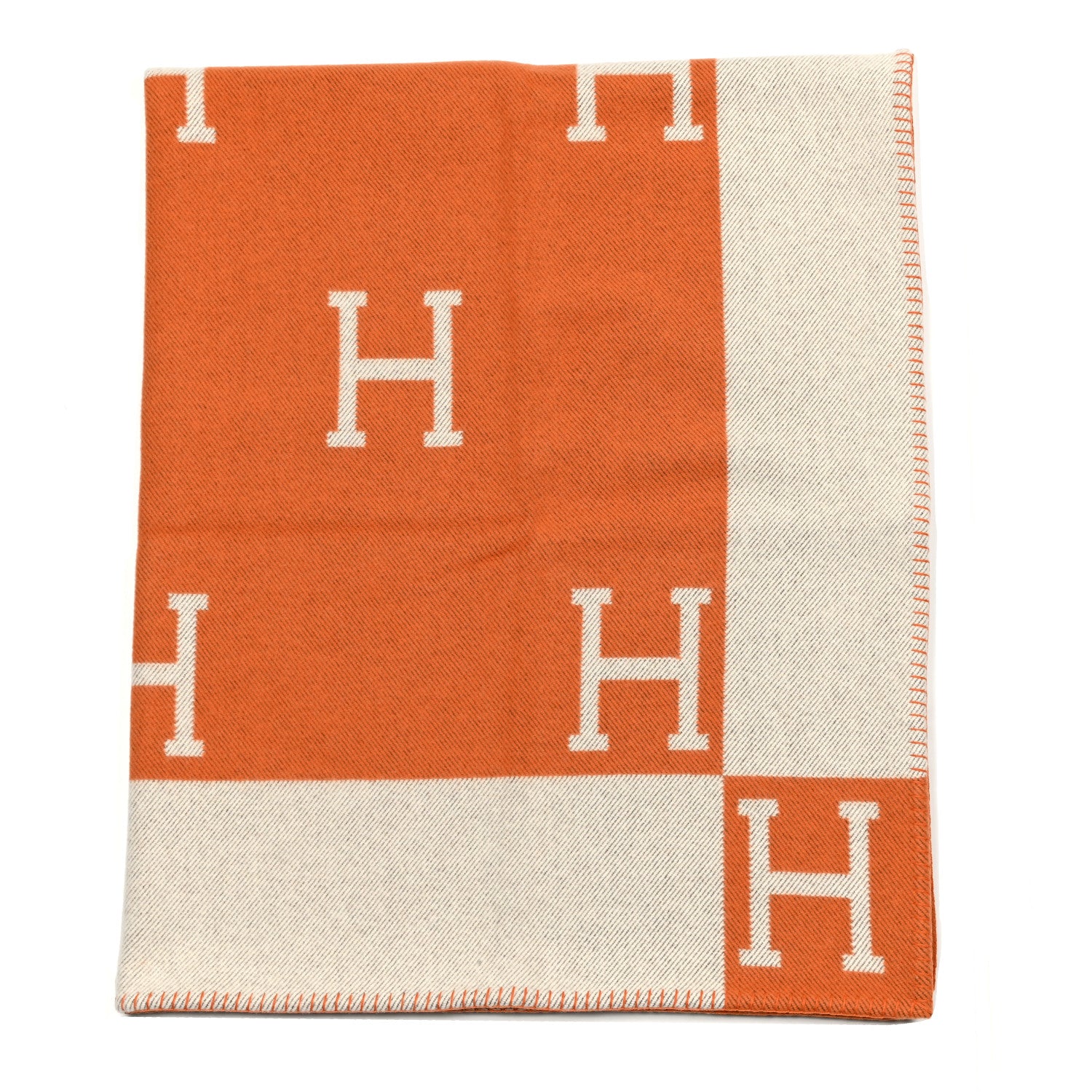 Hermes Wool Cashmere Signature Classic Avalon Blanket Ecru Potiron 1 of 3