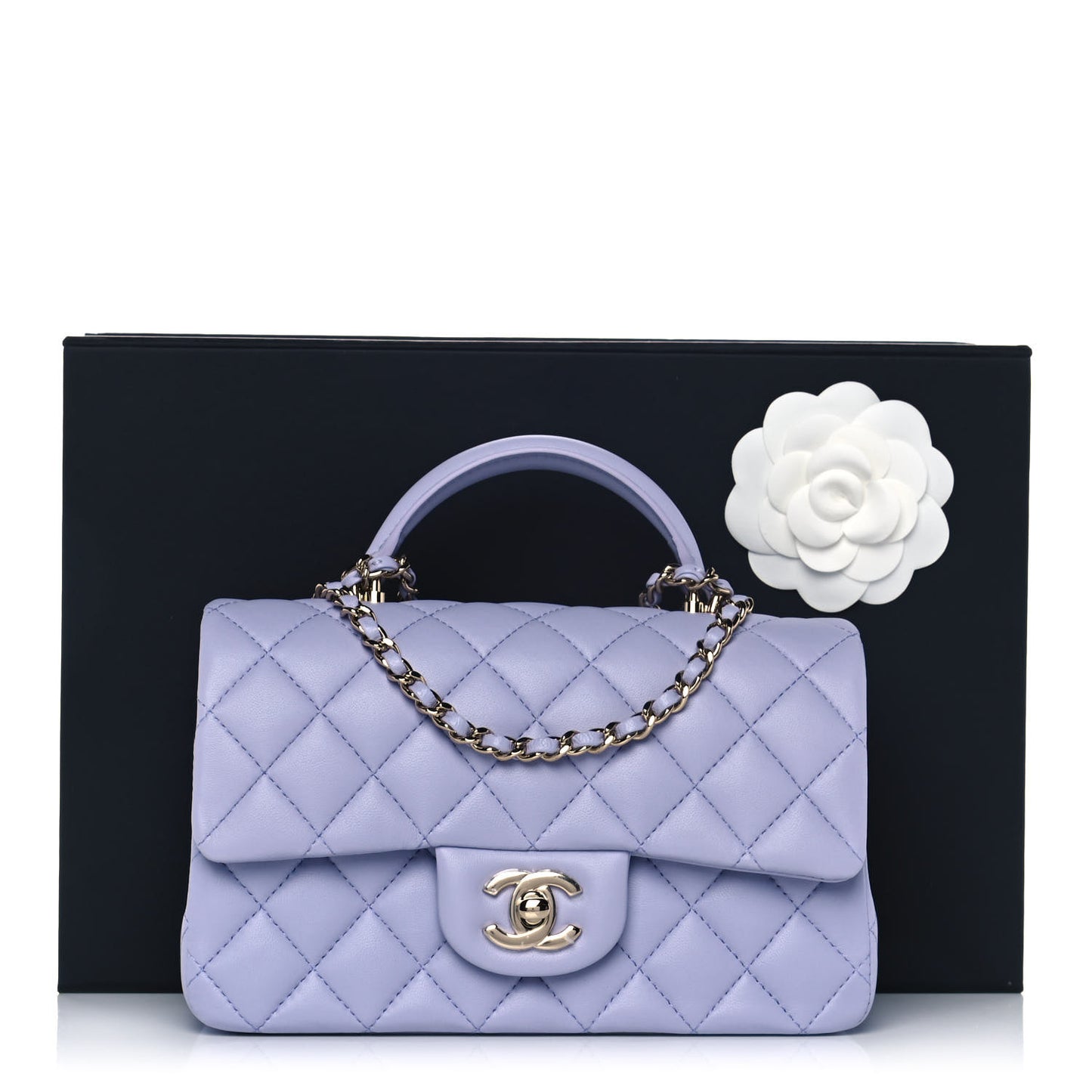 Lambskin Quilted Mini Top Handle Rectangular Flap Light Purple