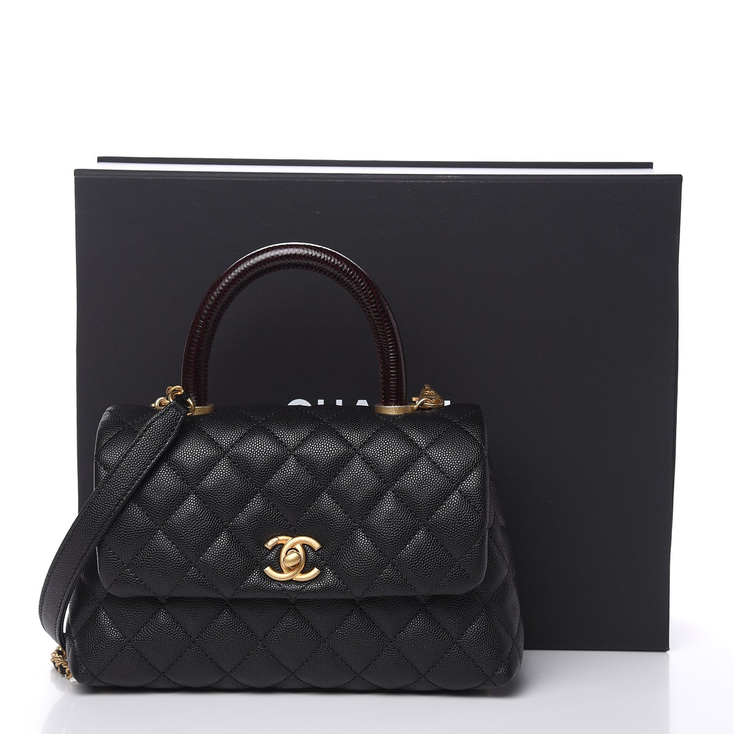 Caviar Lizard Embossed Quilted Mini Coco Handle Flap Black