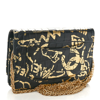 Chanel Calfskin Crocodile Embossed Graffiti 2.55 Cocodile Reissue Wallet On Chain WOC Black Gold 2 of 10