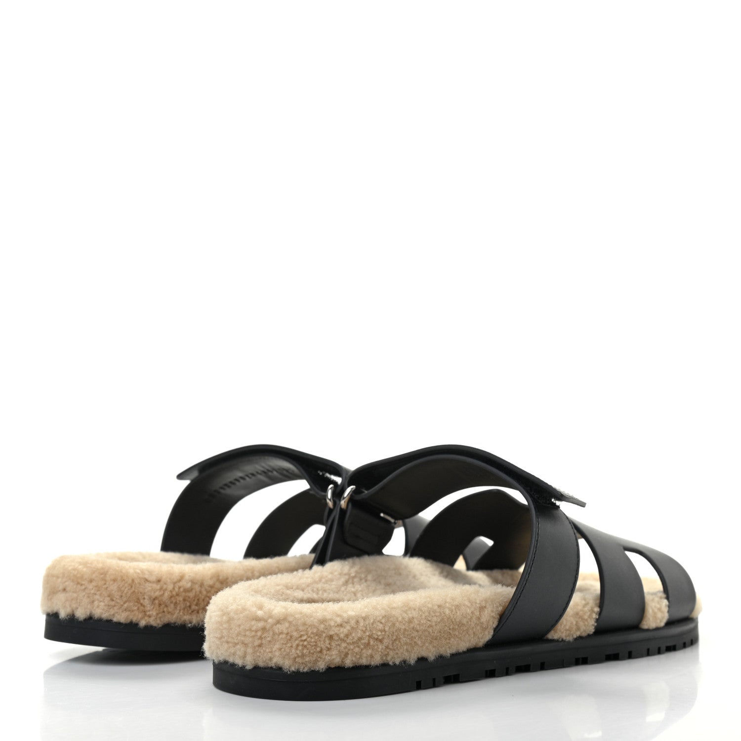 Hermes Veau Indios Woolskin Mens Chypre Sandals 44 Black Ecru 4 of 8