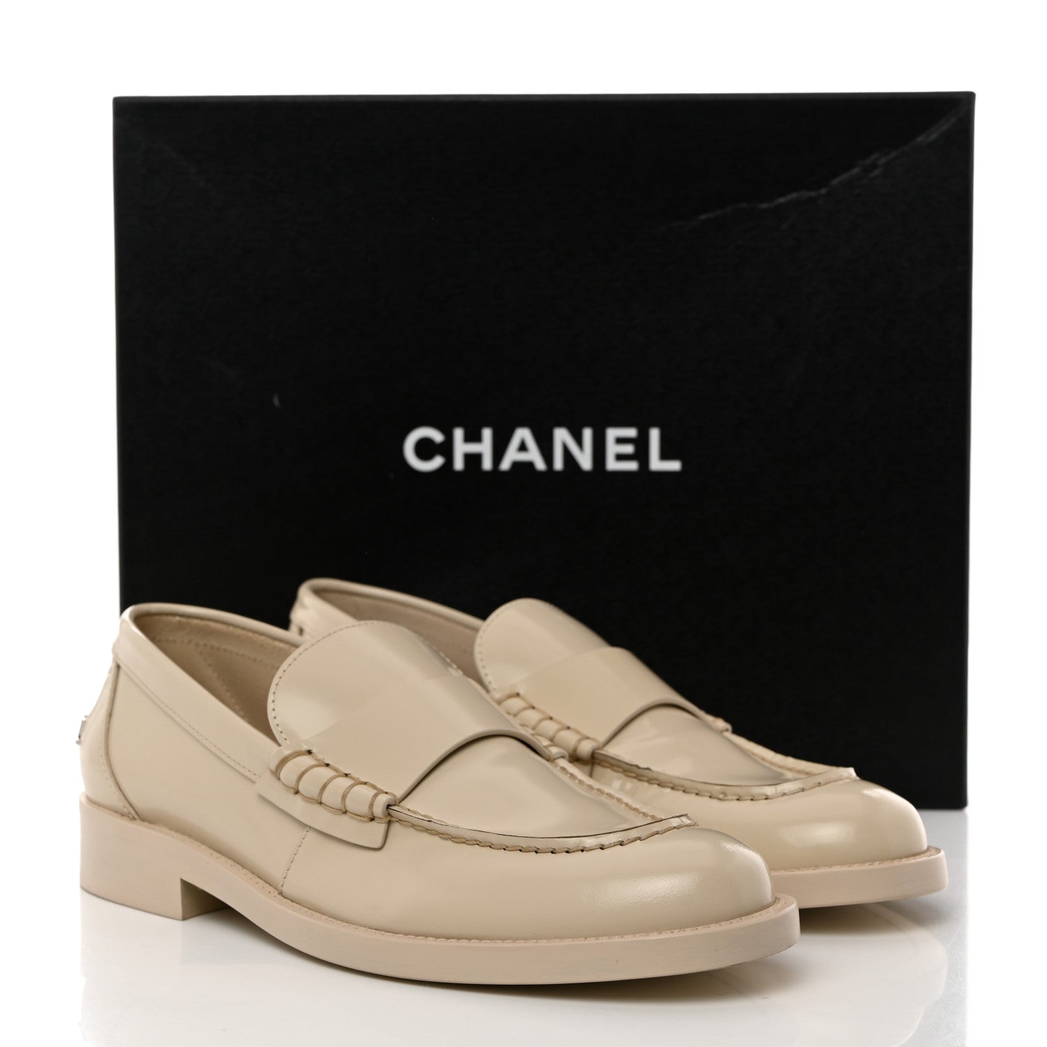 Chanel Shiny Calfskin Logo Loafers 37.5 Beige 10 of 10