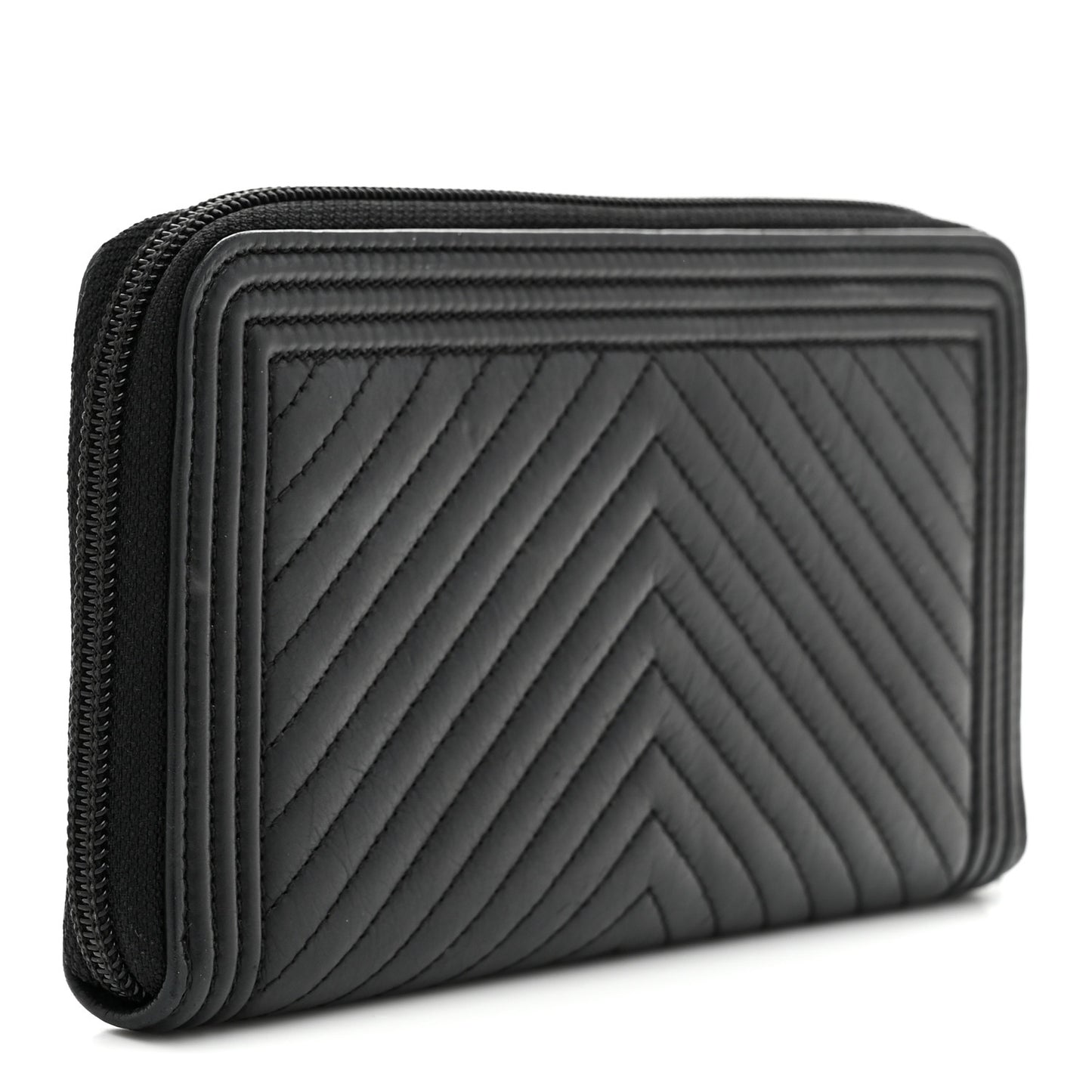 Calfskin Chevron Quilted Zip Around Boy Wallet So Black