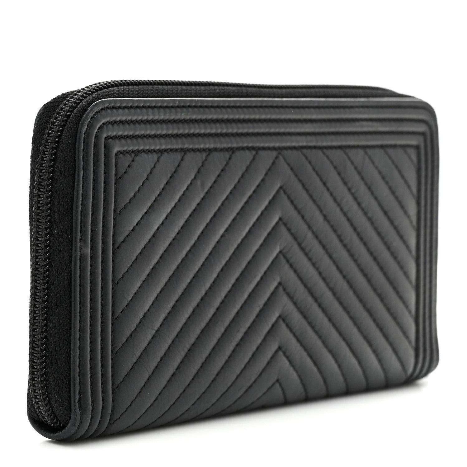 Chanel Calfskin Chevron Quilted Zip Around Boy Wallet So Black 3 of 8