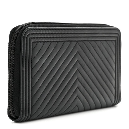 Chanel Calfskin Chevron Quilted Zip Around Boy Wallet So Black 3 of 8