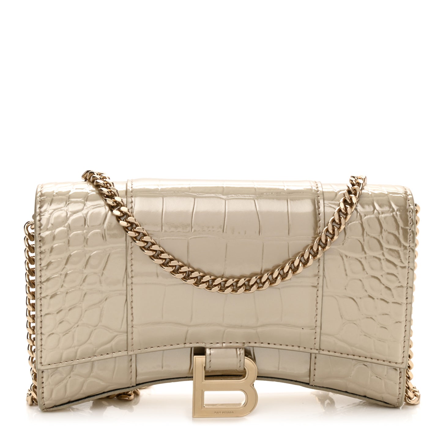 Shiny Calfskin Crocodile Embossed Hourglass Chain Bag Light Gold