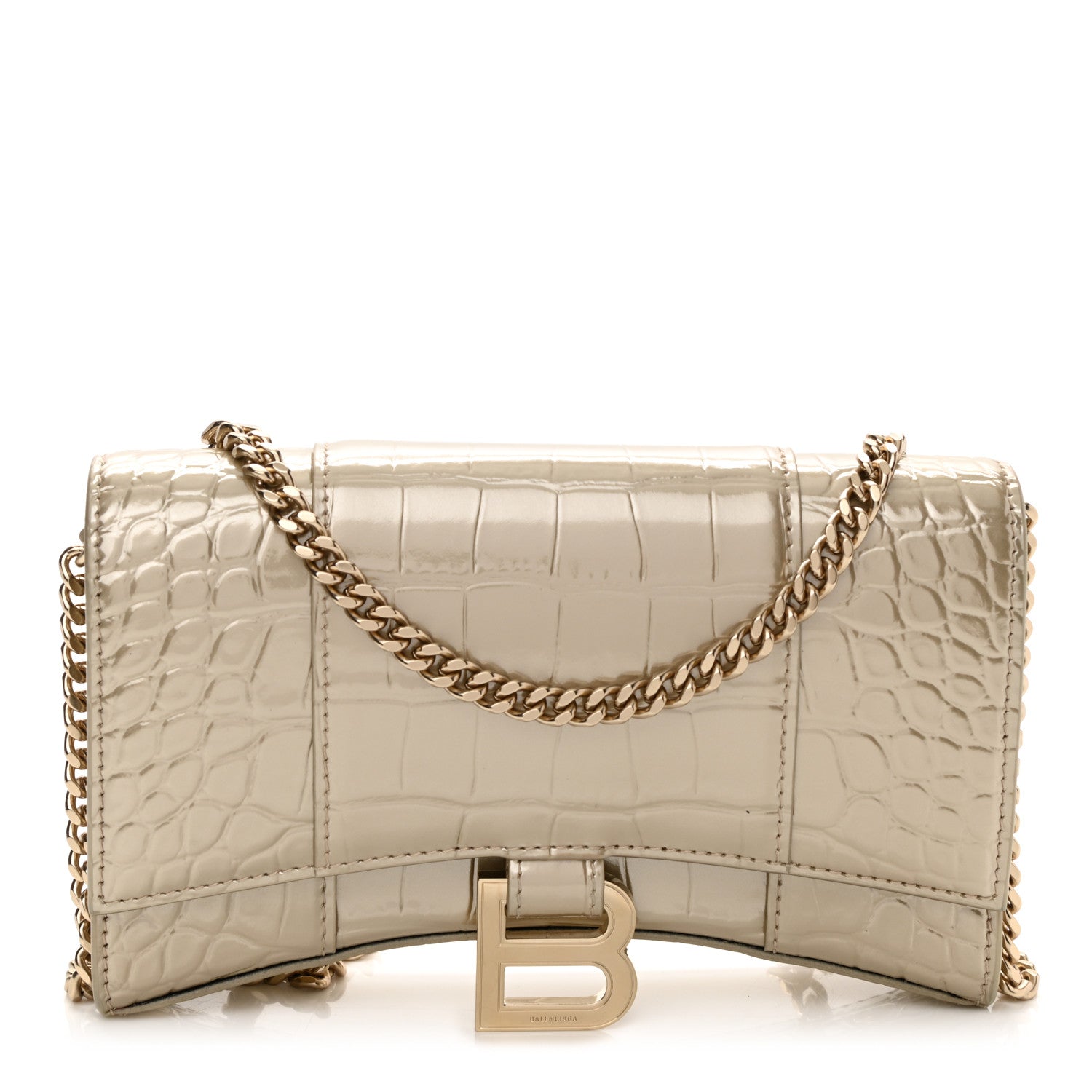 Balenciaga Shiny Calfskin Crocodile Embossed Hourglass Chain Bag Light Gold 1 of 7