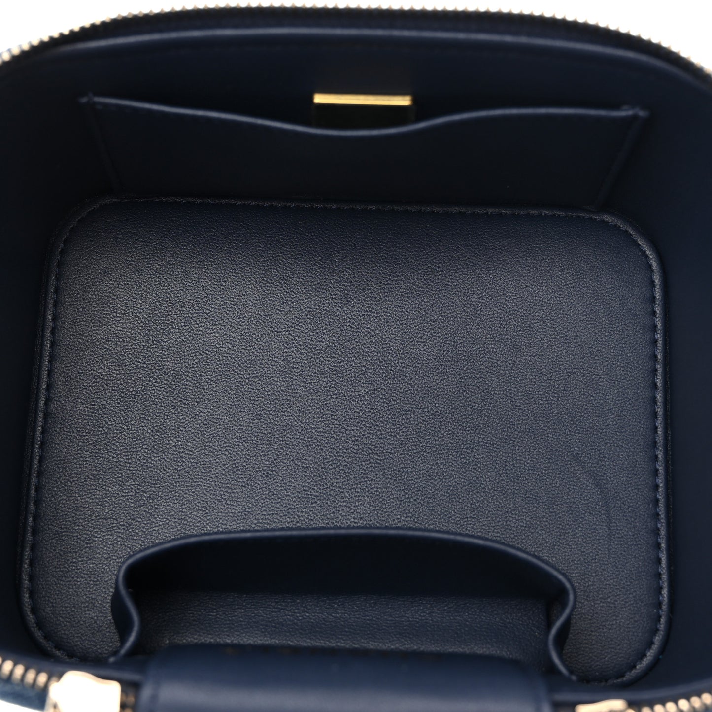 Printed Denim Quilted Mini Top Handle Vanity Case With Chain Dark Blue