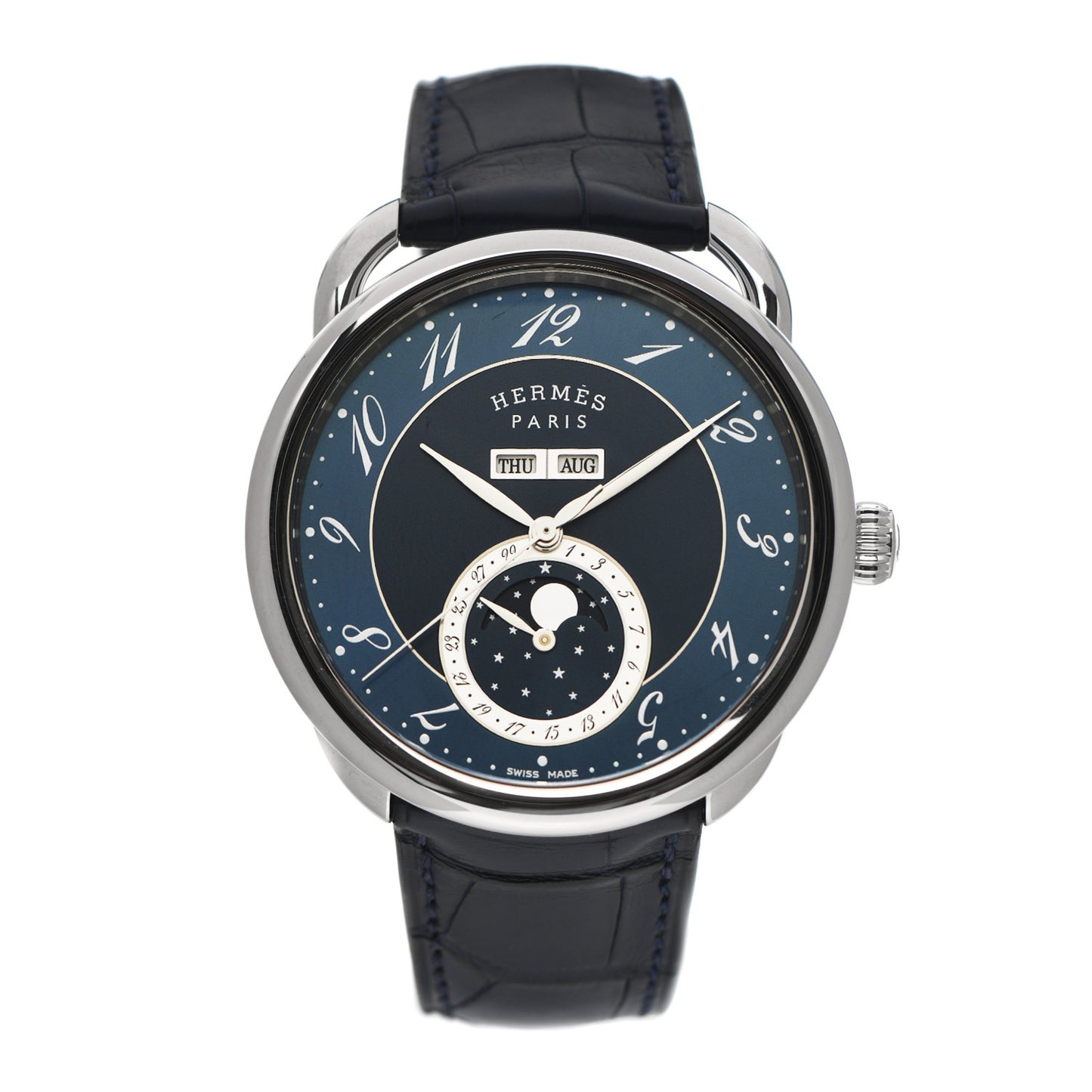 Stainless Steel Alligator 43mm Arceau Grande Lune Automatic Watch Bleu Abysse