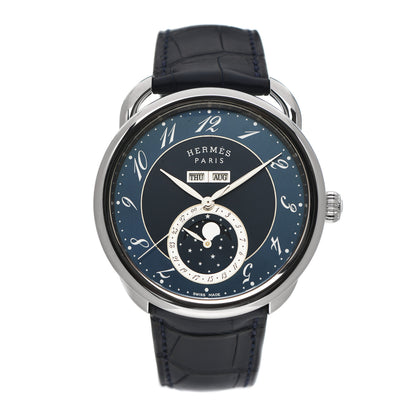 Hermes Stainless Steel Alligator 43mm Arceau Grande Lune Automatic Watch Bleu Abysse 1 of 2