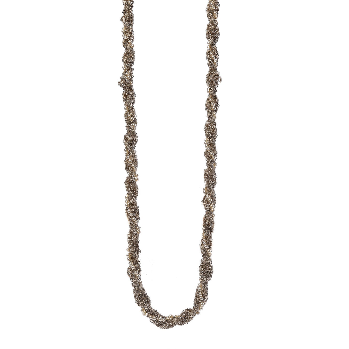 Pearl Chain CC Long Necklace Golden Pearly White