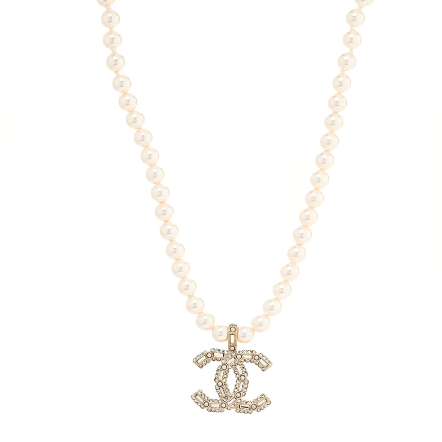 Crystal Baguette Pearl CC Necklace Gold