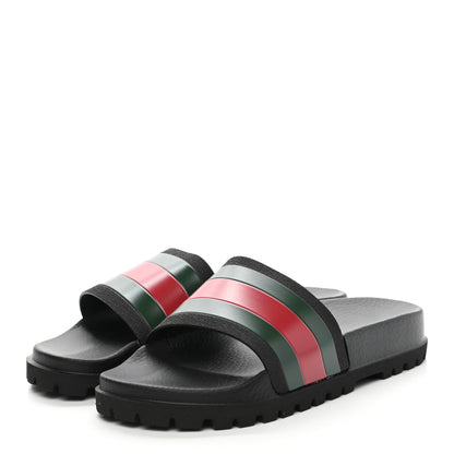 Gucci Rubber Web Mens Lug Sole Slide Sandals 10 Black Green Red 3 of 9