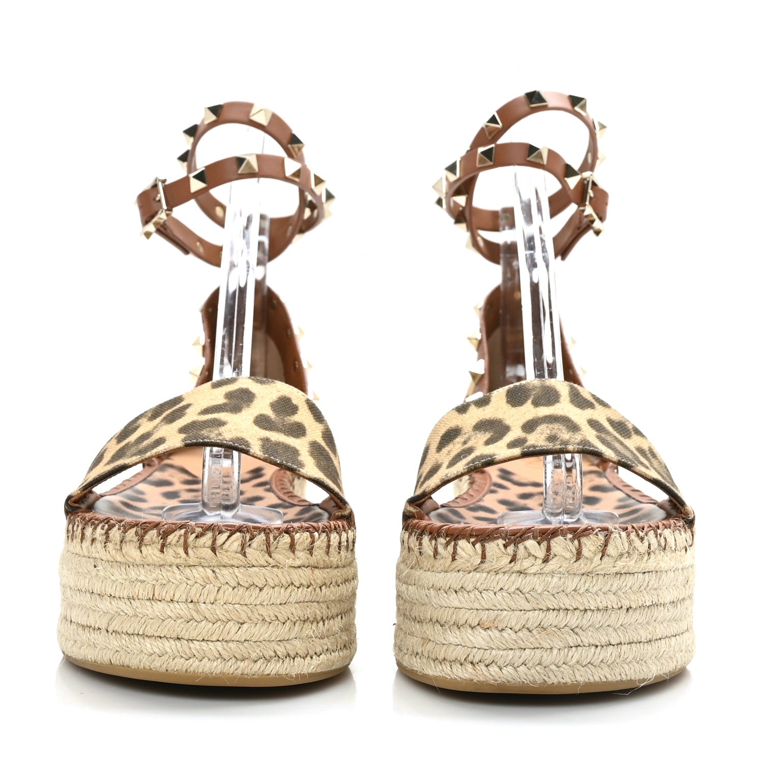 Valentino Garavani Canvas Leopard Print Rockstud Ankle Wrap Espadrille Flatform Sandals 39 Brown 2 of 8