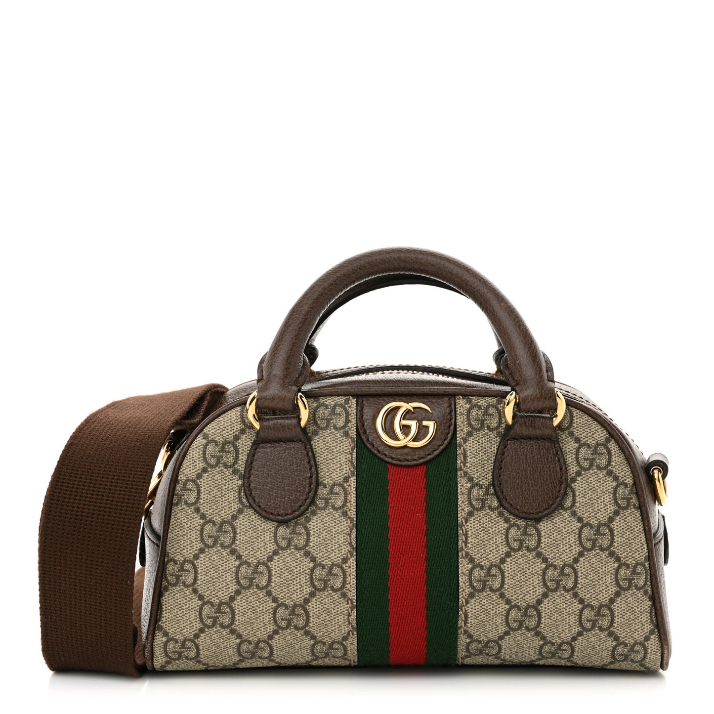 GG Supreme Monogram Textured Dollar Calfskin Web Mini Ophidia Top Handle Bowler Bag Beige Ebony New Acero