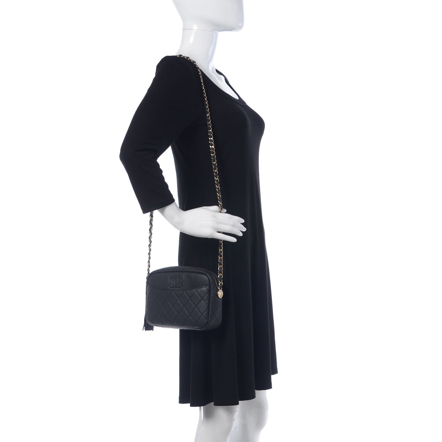 Iridescent Caviar Quilted Small Coco Tassel Camera Case Black