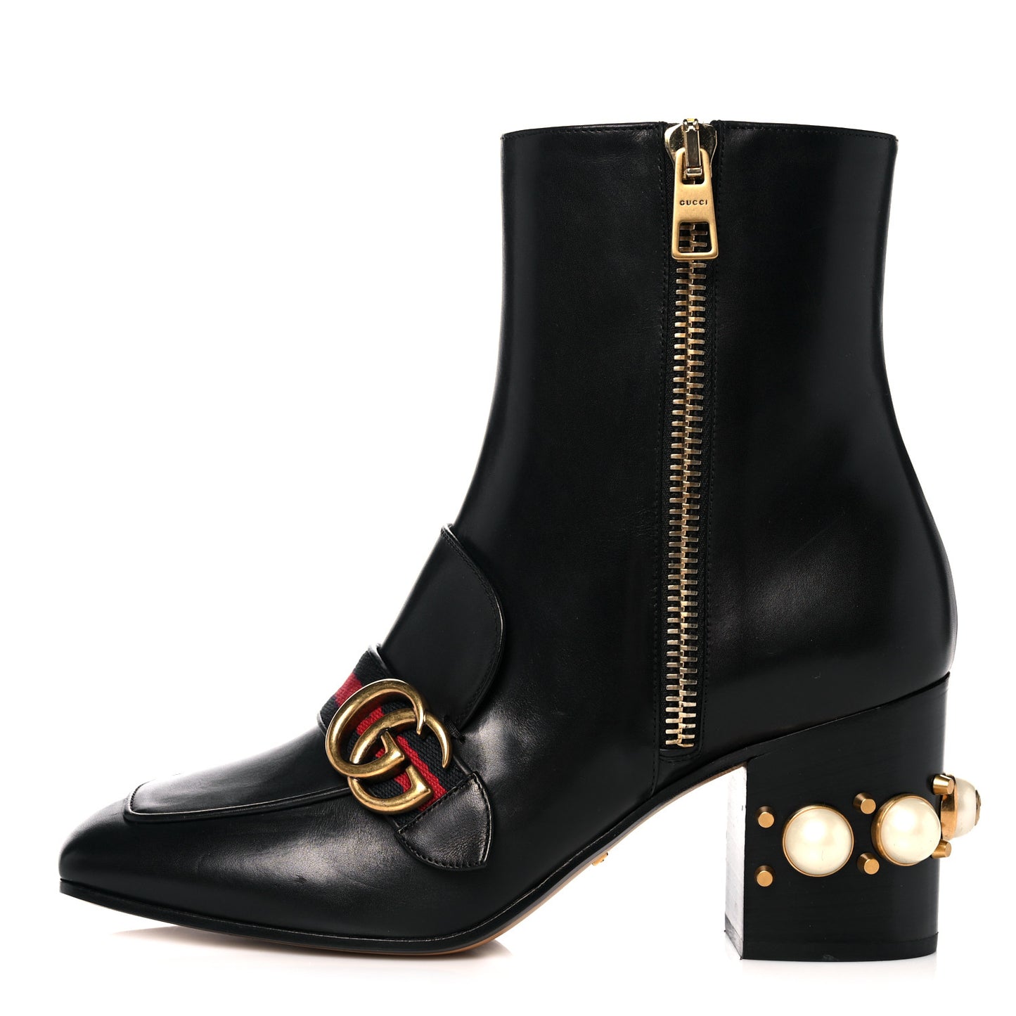 Betis Glamour Calfskin Web Pearl Embellished Peyton 75mm Ankle Boots 39 Black
