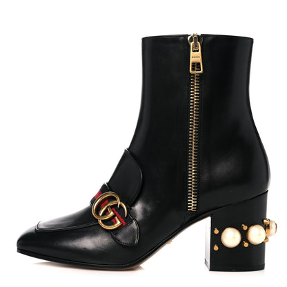 Gucci Betis Glamour Calfskin Web Pearl Embellished Peyton 75mm Ankle Boots 39 Black 1 of 11