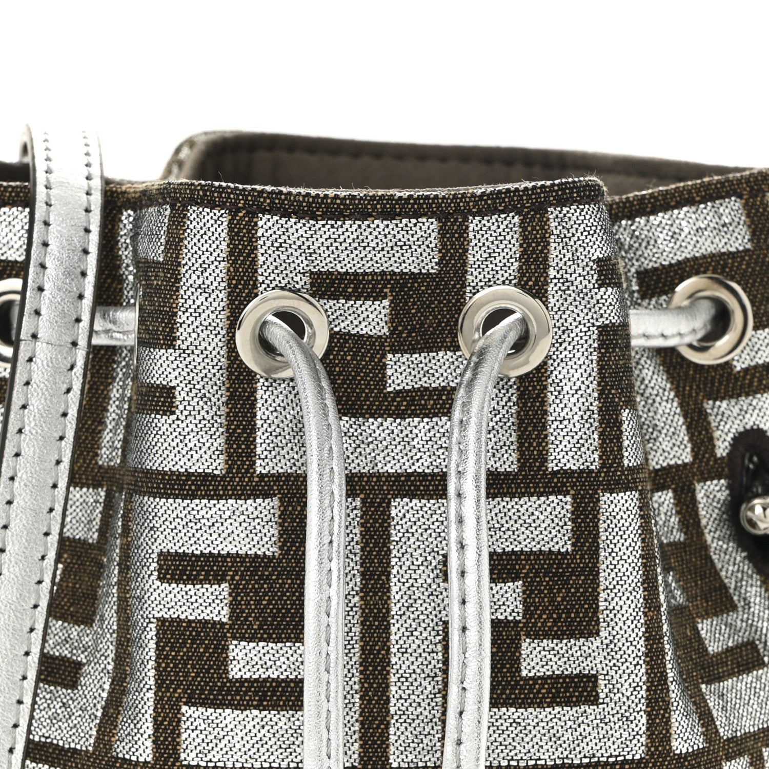 Fendi Vitello Catalan Mirror Canvas Fabric Jacquard FF 1974 Mini Mon Tresor Bucket Bag Ebano Argento 8 of 10