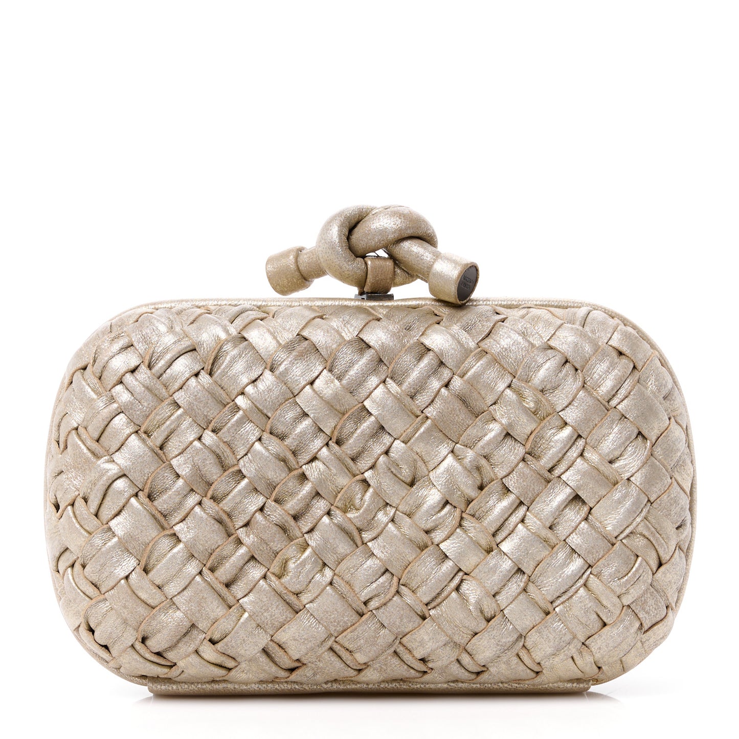 Metallic Nappa Intrecciato Distressed Knot Clutch Beige