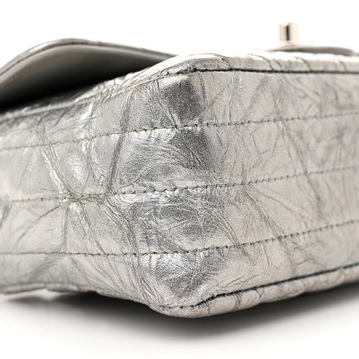 Patent Metallic Crumpled Calfskin Chevron Quilted Mini Rectangular Flap Silver