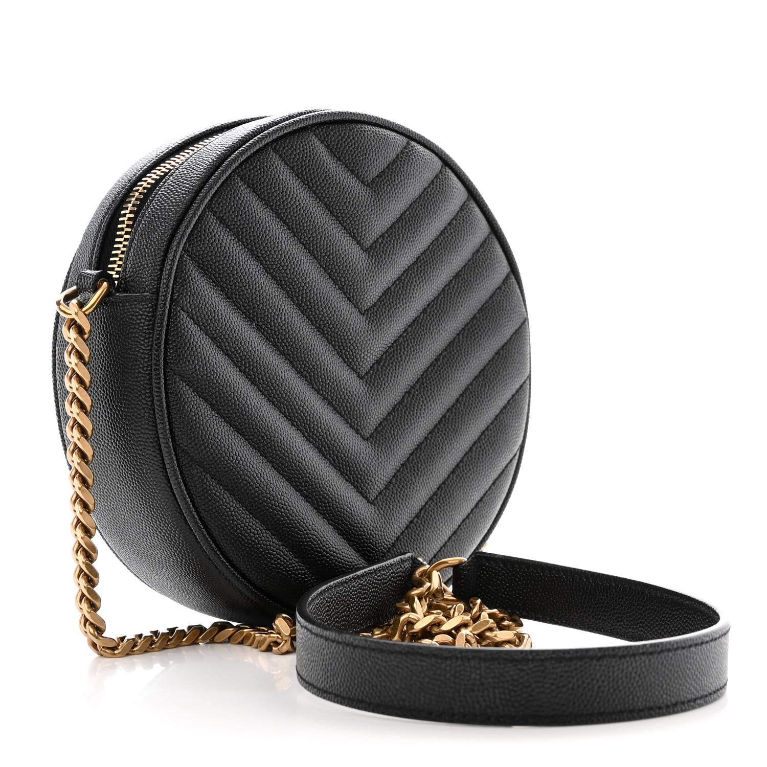 Saint Laurent Grain De Poudre Matelasse Chevron Quilted Round Vinyle Camera Bag Black 3 of 11