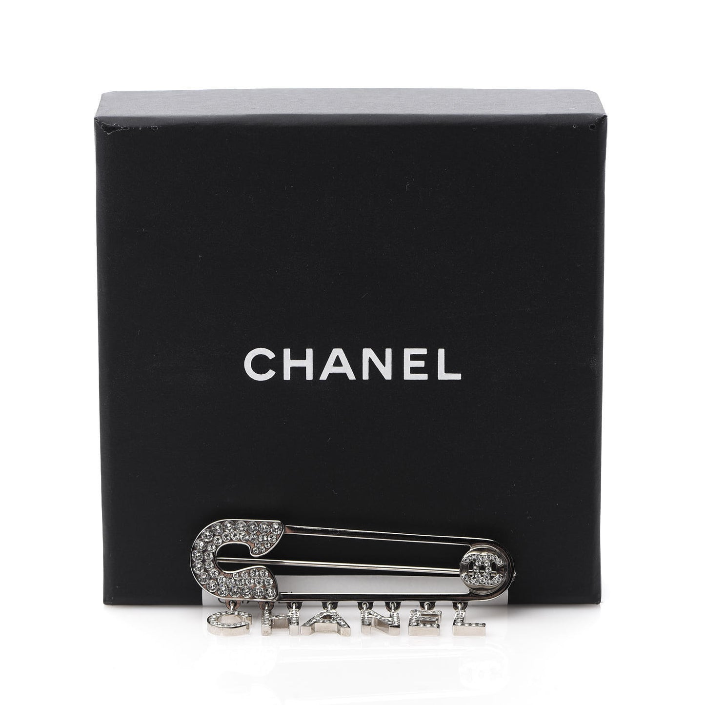 Crystal Safety Pin Brooch Silver