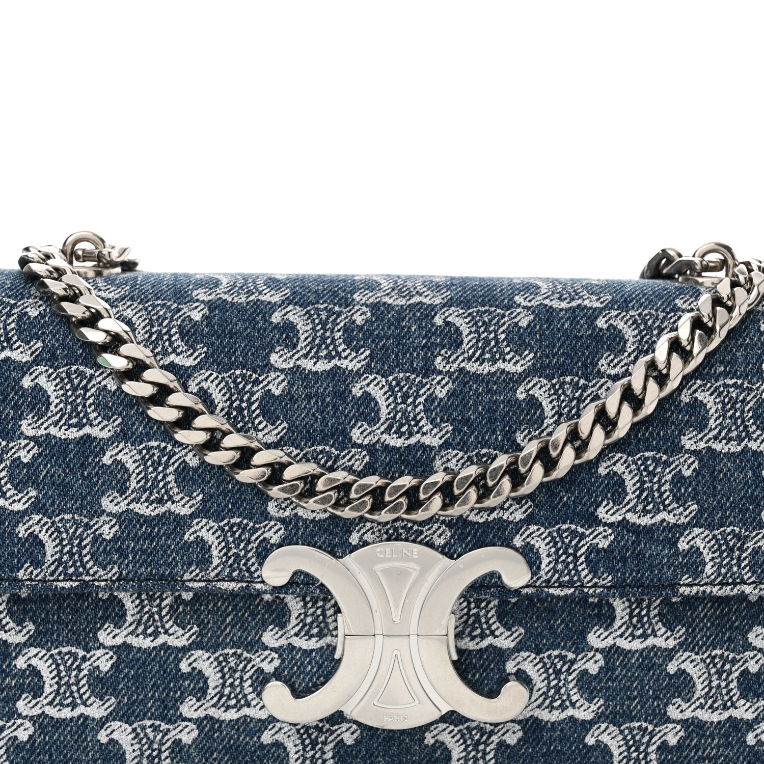 Celine Denim Triomphe Claude Chain Shoulder Bag Blue Silver 8 of 11