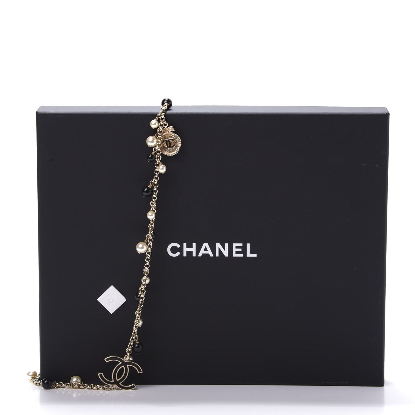 Pearl Beaded Enamel CC Coco Long Necklace Black Gold