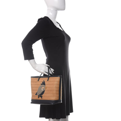 Gucci Calfskin Straw GG Monogram Mini Zoo Bird Tote Black Beige 2 of 10