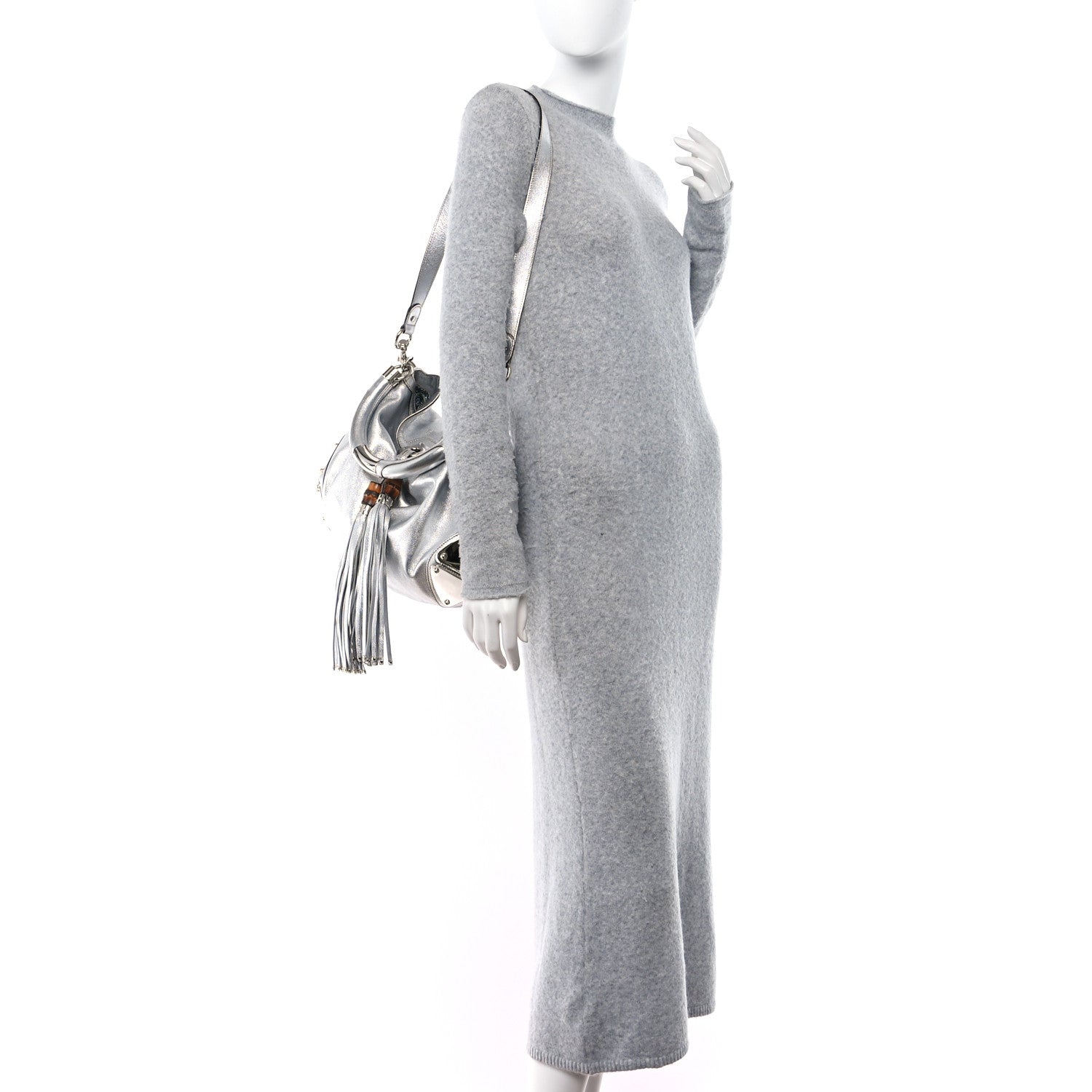 Gucci Metallic Calfskin Medium Indy Top Handle Hobo Silver 2 of 14