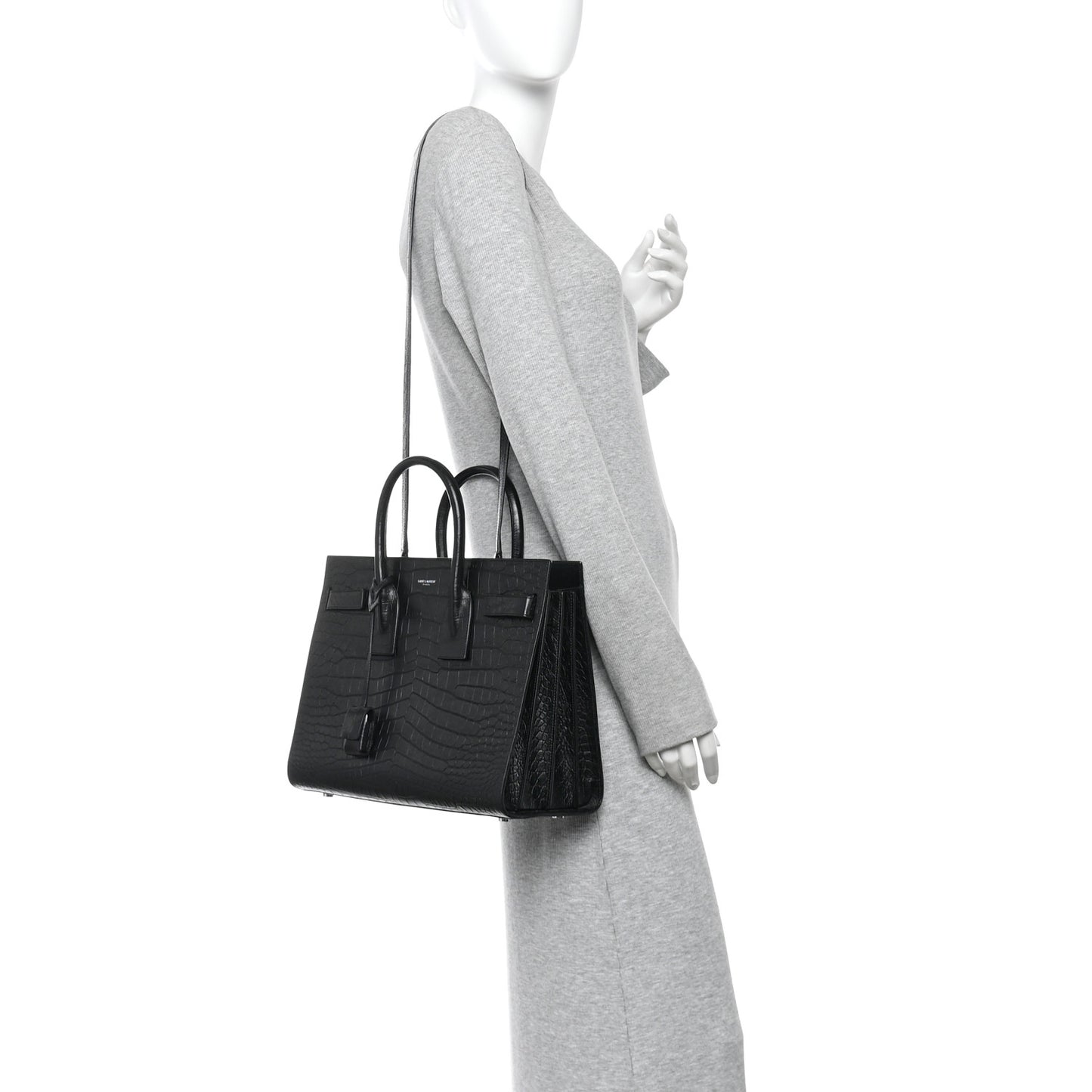 Calfskin Crocodile Embossed Small Sac de Jour  Black