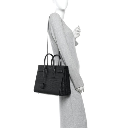 Saint Laurent Calfskin Crocodile Embossed Small Sac de Jour  Black 2 of 10