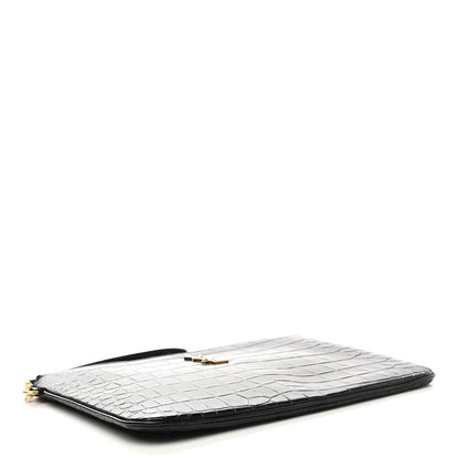 Saint Laurent Calfskin Crocodile Embossed Tablet Pouch Black 4 of 7